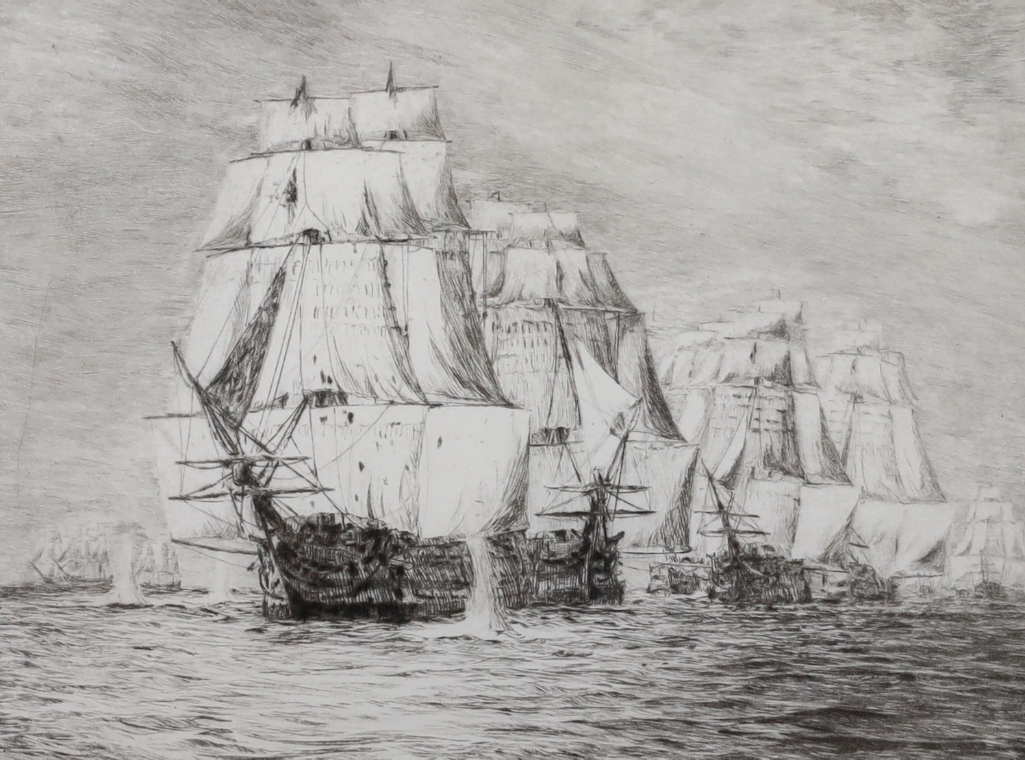 William Lionel Wyllie RA (1851-1931), pencil signed etching, 'Victory Breaking the Line at Trafalgar', 19cm x 15cm